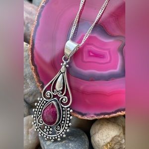 😵 Faceted ruby pendant necklace hamsa mandala charm 925 sterling silver crystal